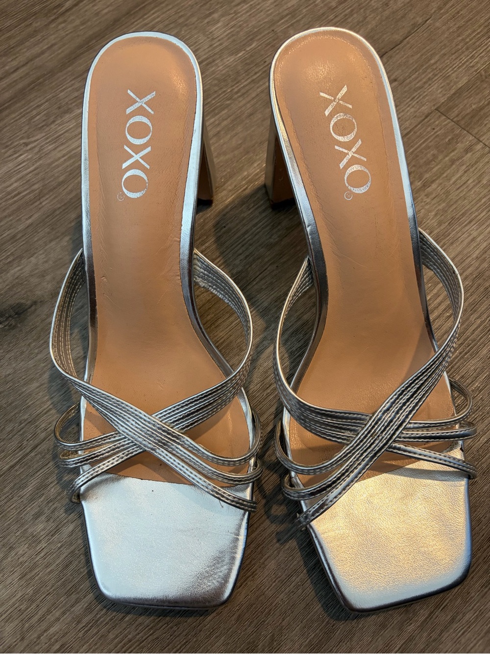 XOXO Silver Strappy Square-Toe Slide Heels
